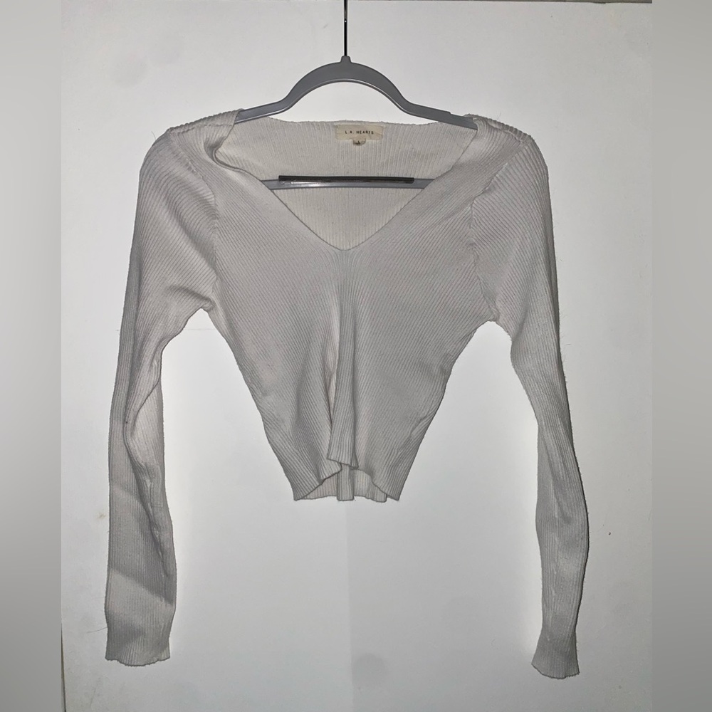 LA Hearts White Ribbed Long Sleeve V-Neck Sweater - Women’s Size Large